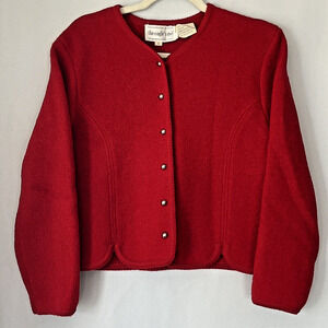 Eagle Eye Womans Cardigan Sz 8 Red Gold Buttons Semifitted 100% Boiled Wool VTG